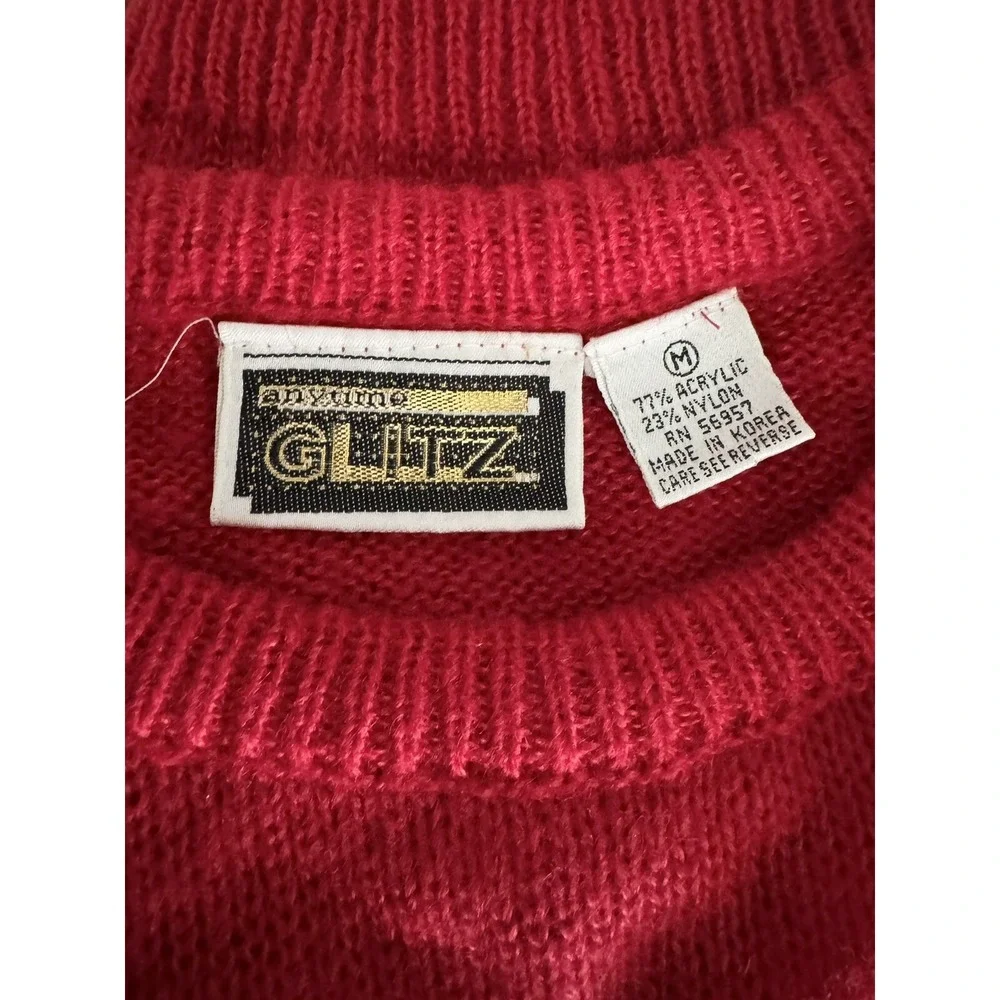 GLITZ by UNIT (Vtg)Red Knit Abstract Sequin 80s Geometric Beads‎ Sweater-MEDIUM